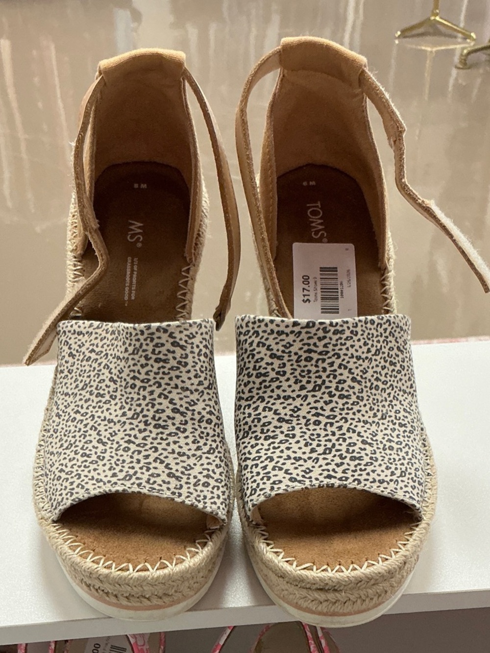 TOMS Beige and Black Leopard Espadrille Wedge Sandals